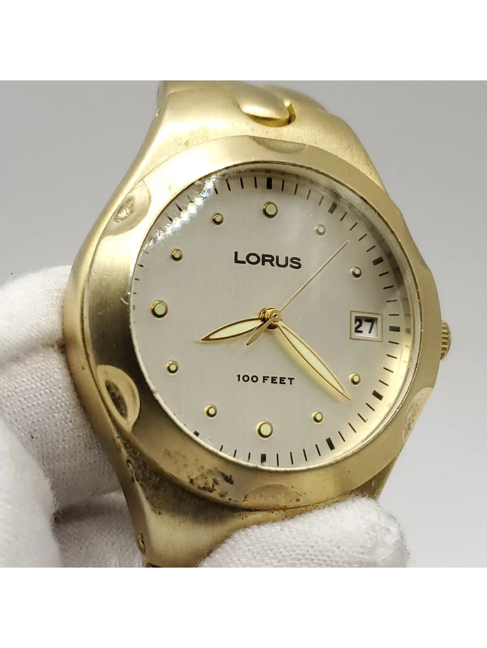 Lorus Diver Style Women Watch New Battery Gold Tone Date Dial 34mm